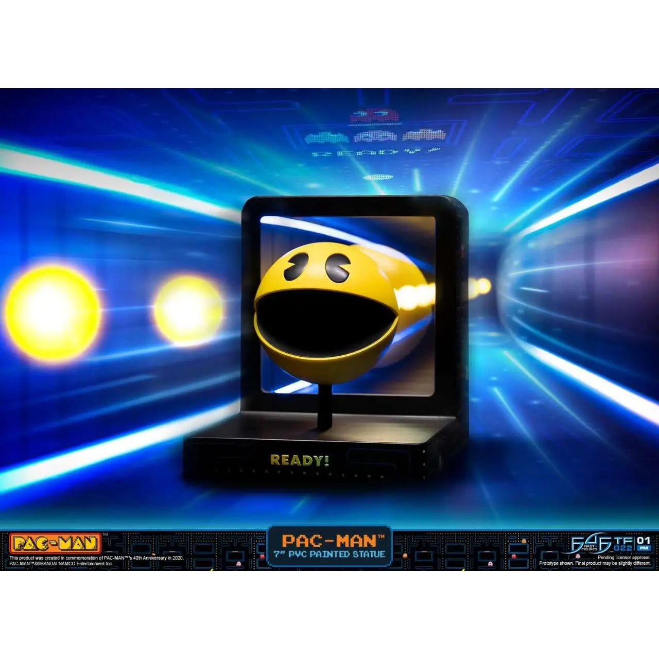 Gul Pac-Man PVC-staty med svarta ögon och mun i svart TV-ram, 40-årsjubileum