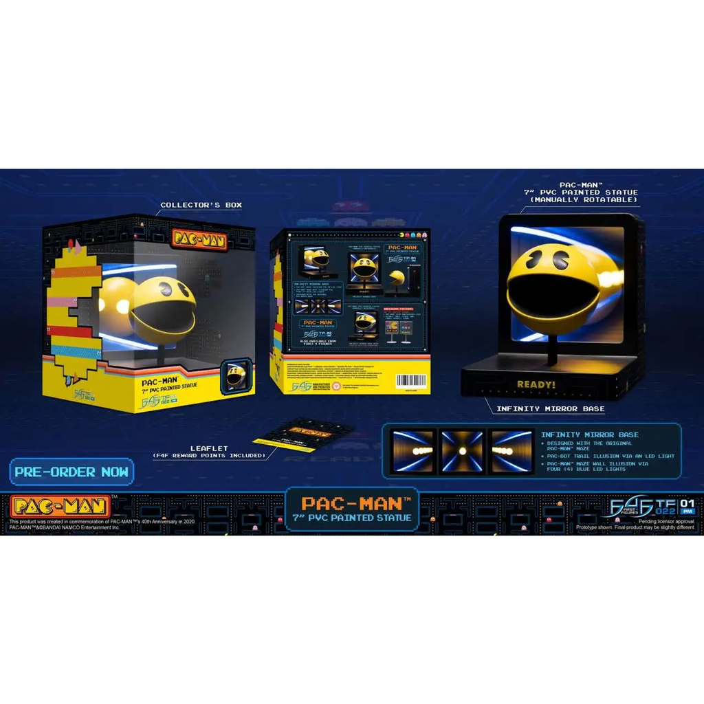 Gul Pac-Man PVC-statue med glansig finish på oändlig spegelbas