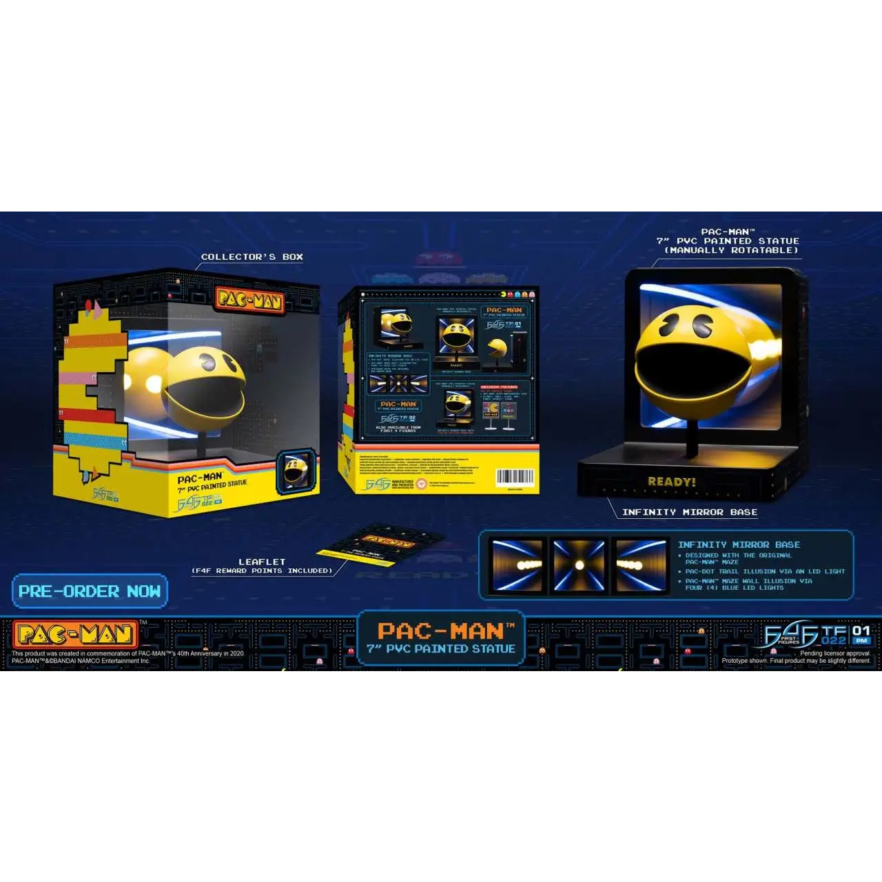 Gul Pac-Man PVC-statue med glansig finish på oändlig spegelbas