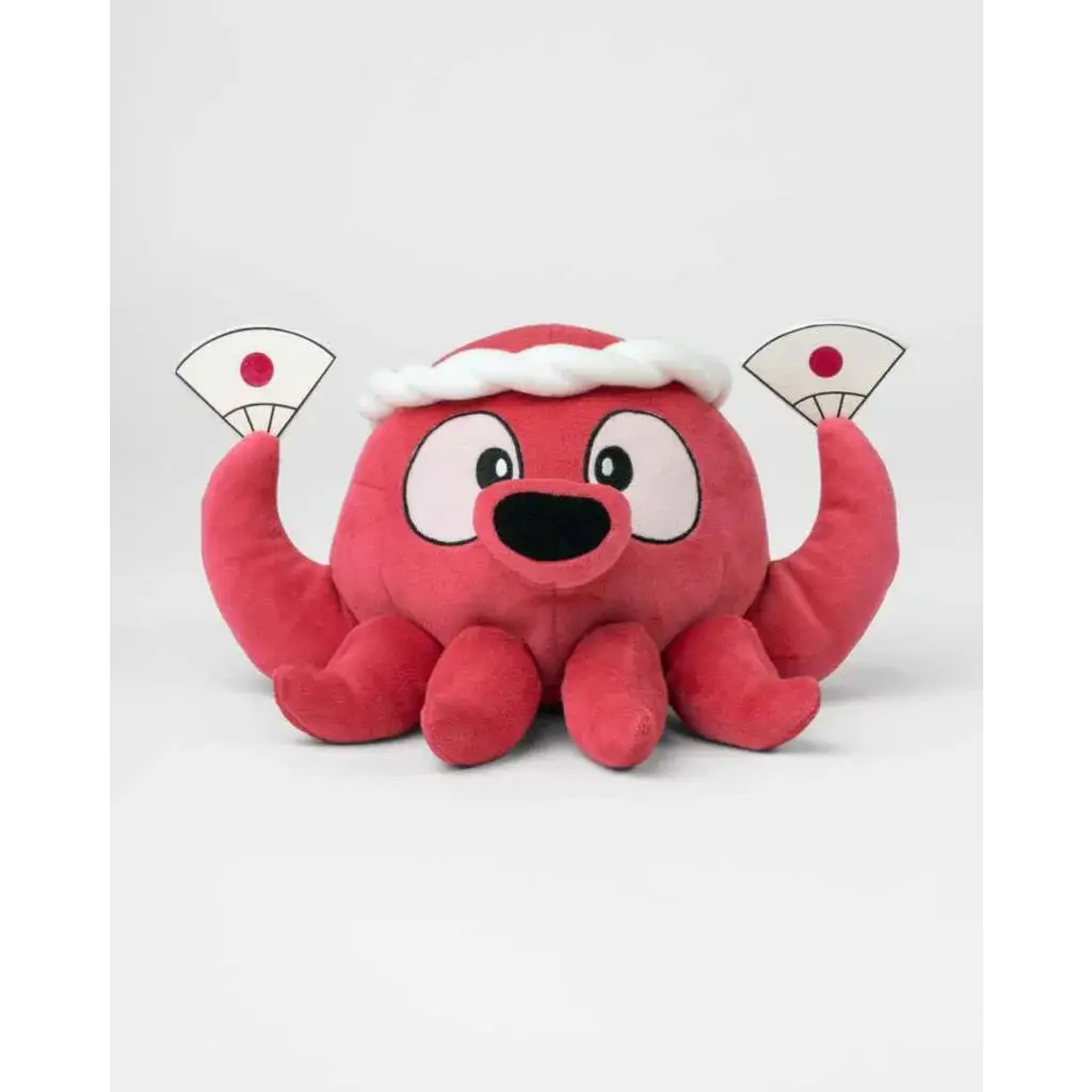 Röd plyschbläckfisk Parodius Tatosuke med vit kant och fläktformade tillbehör. Hållbar och klimatneutral