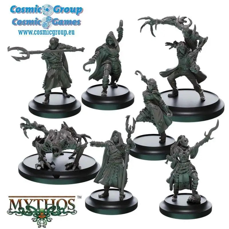 Sju mörkgröna miniatyrfigurer på svarta baser från Path of Chronozon Fraktion Startset