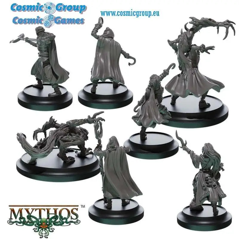 Grå fantasy-miniater på svarta runda baser i Path of Chronozon Fraktion Startset