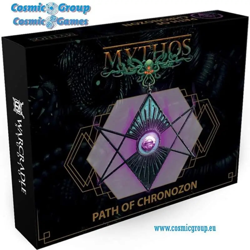 Mythos Path of Chronozon Fraktion Startset-låda med stiliserad geometrisk pendant i lila och turkos mot mörk bakgrund
