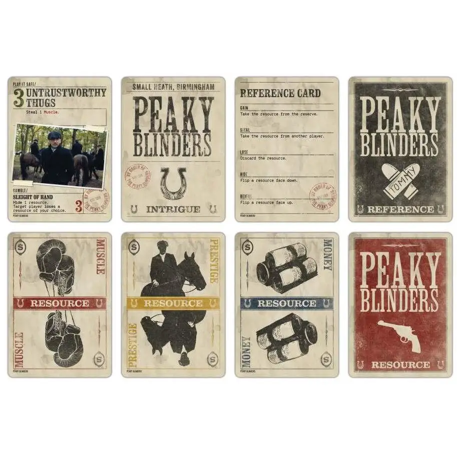 Sepia-tonade Peaky Blinders-kort med åldrat papper och distressed typografi