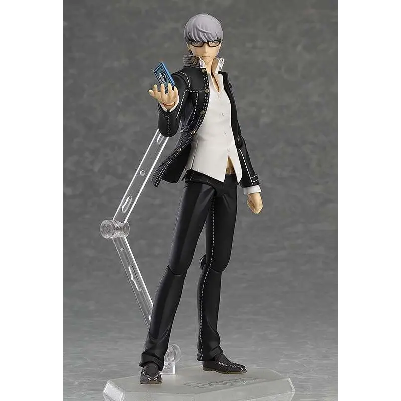 Figma Yu Narukami från Persona 4 Arena Ultimax, silverhårig figur i svartvitt plagg med sömmar på displayställ