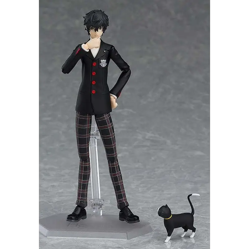 Persona 5 Hero figma-figur i svart och röd knappad skoluniform med rutiga byxor på klar stativ