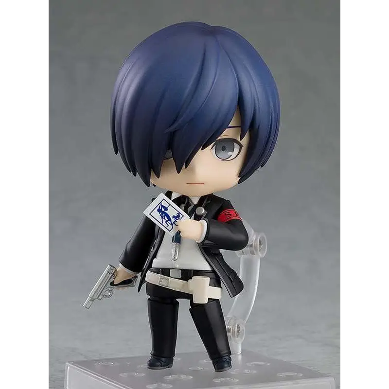 Blåhårig Persona 3-hjälte Nendoroid-figur med svartvit uniform, rött armband, silverpistol och spelkort