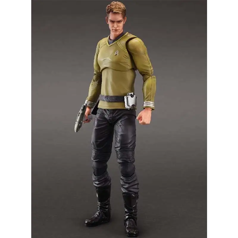 Play Arts Kai Captain James T. Kirk actionfigur i olivgrön Starfleet-uniform med svarta läderbyxor och stövlar, silverkommunikator på bältet