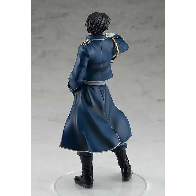 Blå militärjacka med silverkant och guldflätad rem, i blank plast. Roy Mustang-figur från Fullmetal Alchemist