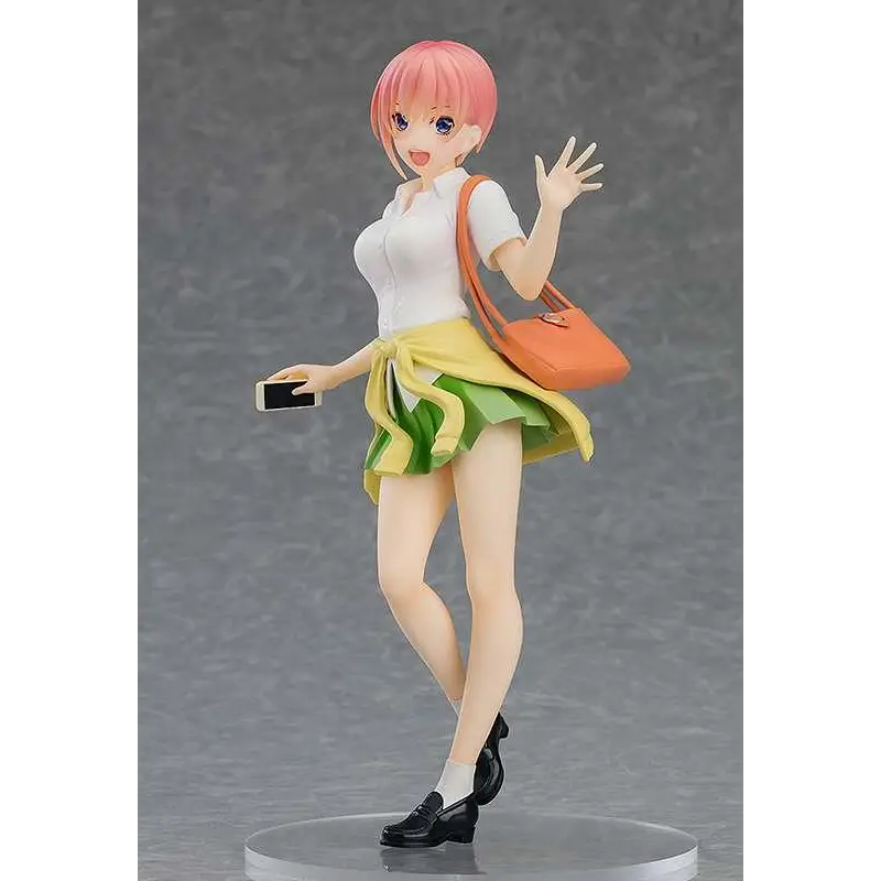 Ichika Nakano figurin med rosa hår i vit skjorta och grön-gul kjol, orange väska och smartphone