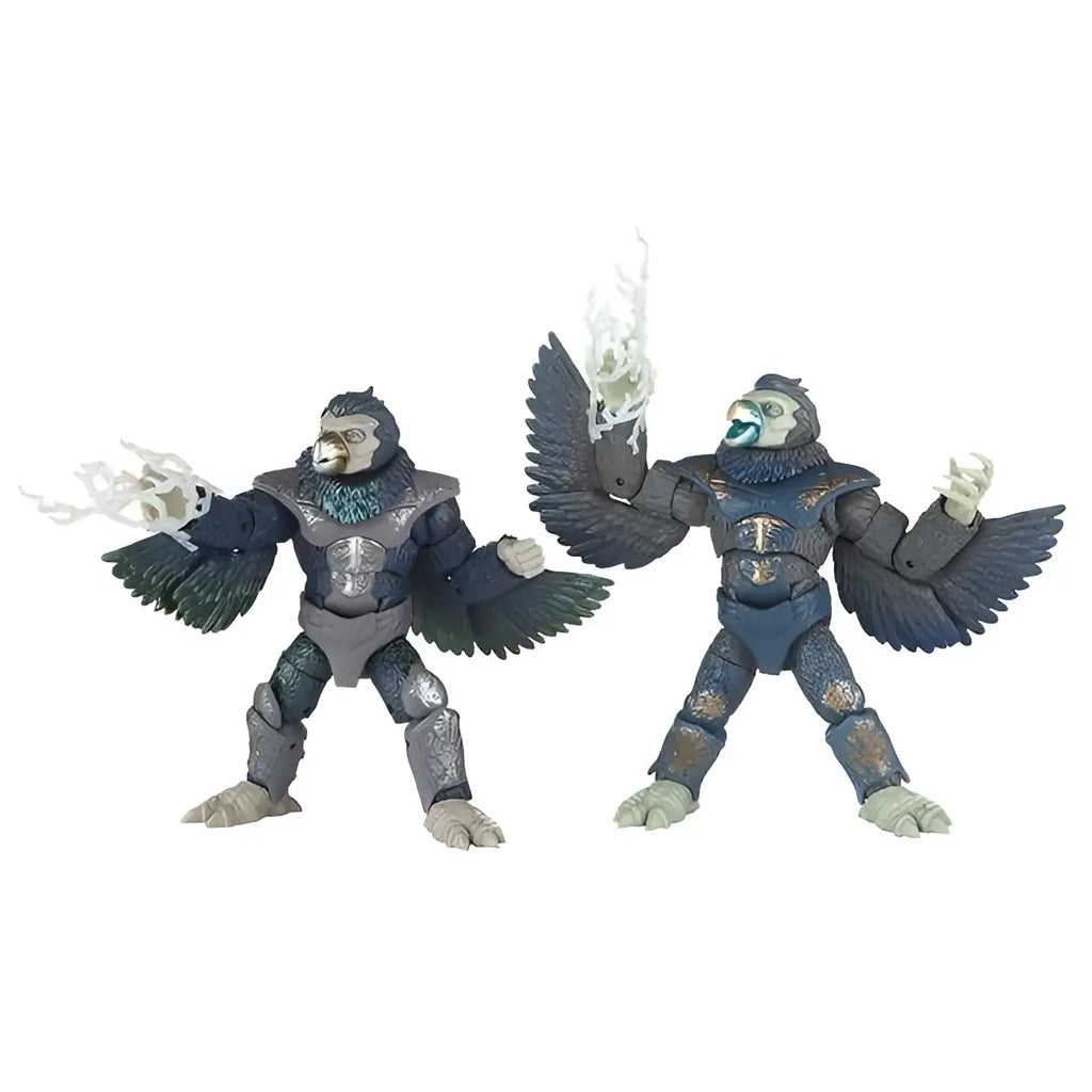 Två detaljerade Power Rangers Mighty Morphin Tenga Warriors-actionfigurer: en i mörkgrå och turkos rustning med vita energiklor, den andra i blågrå rustning med utbredda v