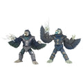 Två detaljerade Power Rangers Mighty Morphin Tenga Warriors-actionfigurer: en i mörkgrå och turkos rustning med vita energiklor, den andra i blågrå rustning med utbredda v