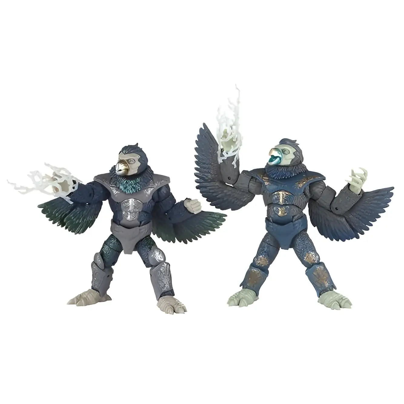 Två detaljerade Power Rangers Mighty Morphin Tenga Warriors-actionfigurer: en i mörkgrå och turkos rustning med vita energiklor, den andra i blågrå rustning med utbredda v