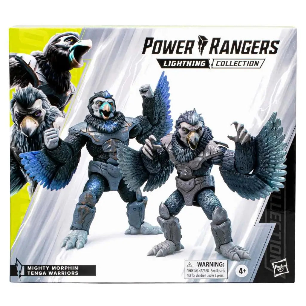 Mighty Morphin Tenga Warriors actionfigurer i mörkgrå och blå rustning med fjäderade vingar