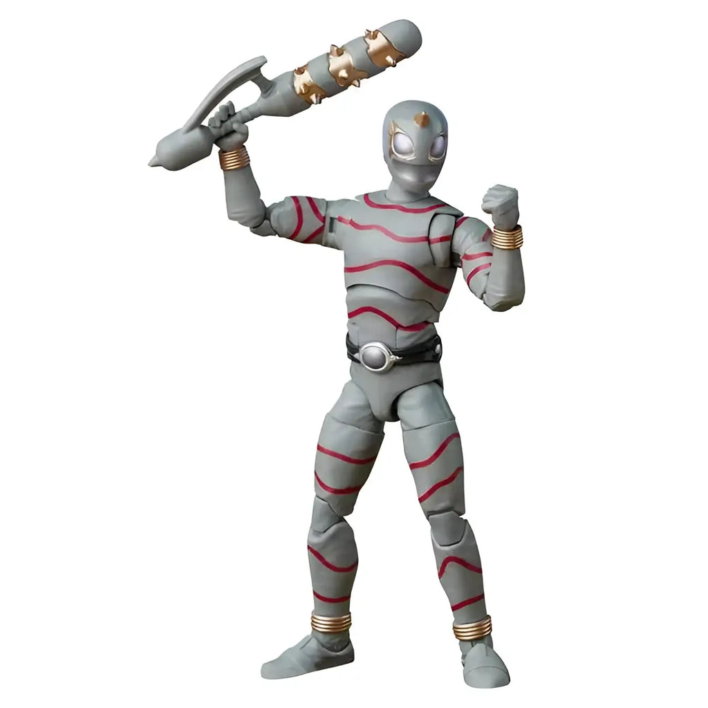 Grå och röd randig Power Rangers Wild Force Putrid actionfigur med gulddetaljer och spikad vapen