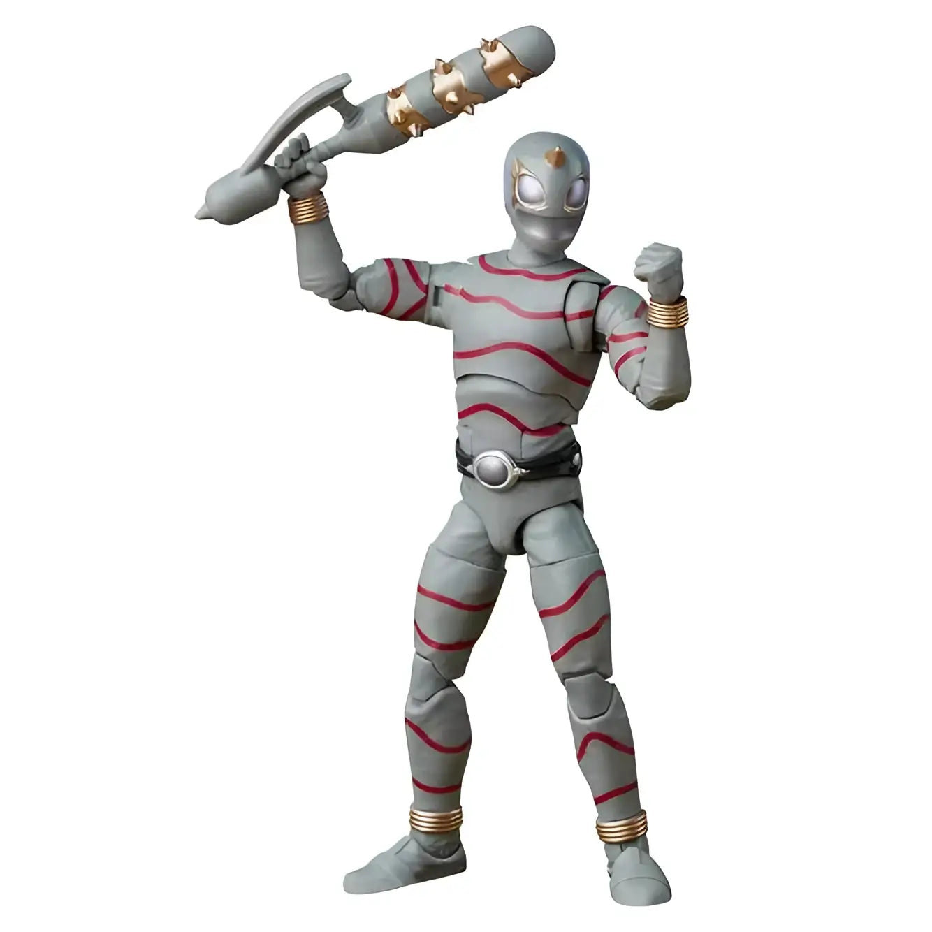 Grå och röd randig Power Rangers Wild Force Putrid actionfigur med gulddetaljer och spikad vapen
