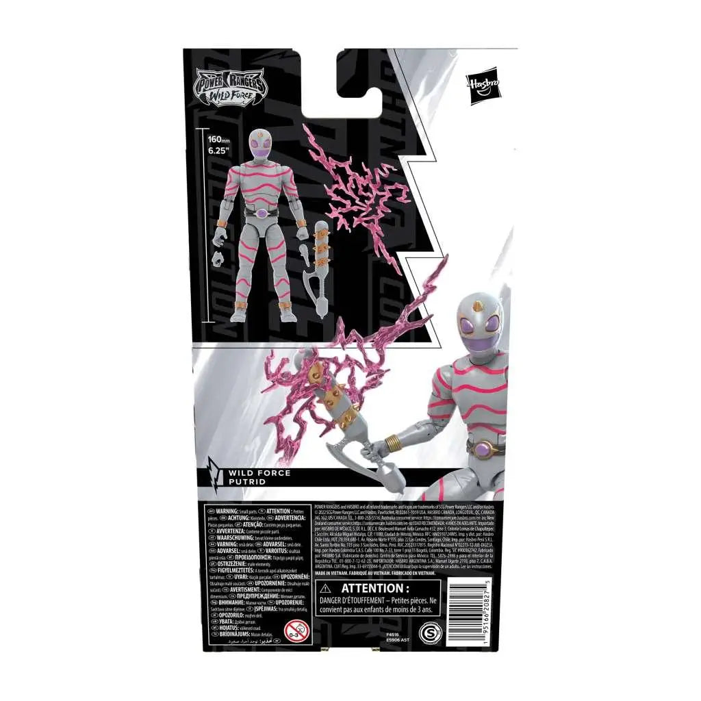 Rosa och vit randig Power Rangers Wild Force Putrid actionfigur i silverfärgad dräkt med lila ögon