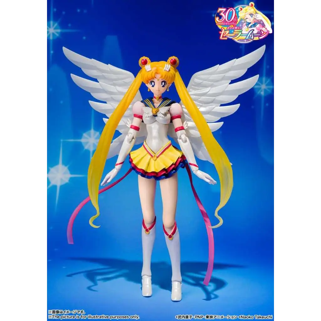 Vit Sailor Moon Eternal SH Figuarts-figur med vita vingar och rosa band