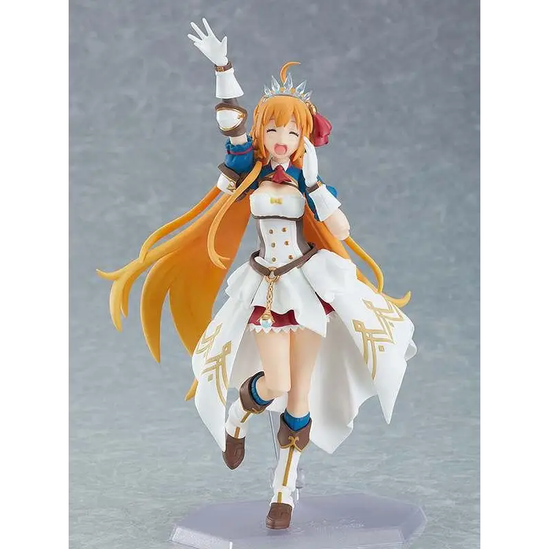 Detaljerad vit och guld Figma-figur av Pecorine från Princess Connect! Re: Dive, glad flicka med långt orange hår, utsmyckad krona, blå accenter på klädseln