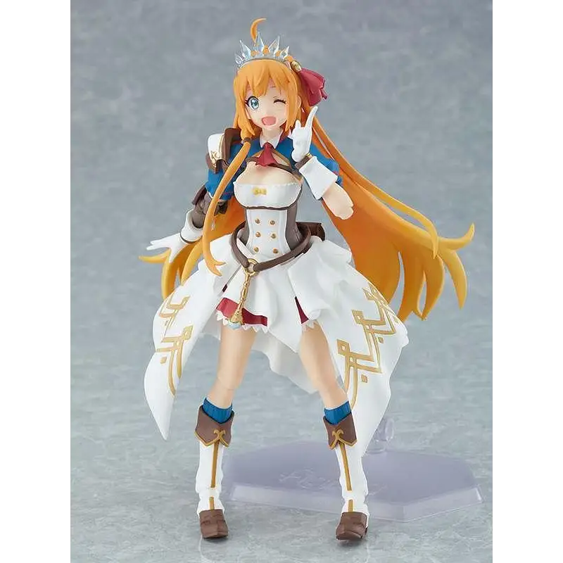 Detaljerad figma-figur av Pecorine från Princess Connect! Re:Dive, glad anime-tjej med långt orange hår i vit-blå klädsel med guld- och röd detaljer