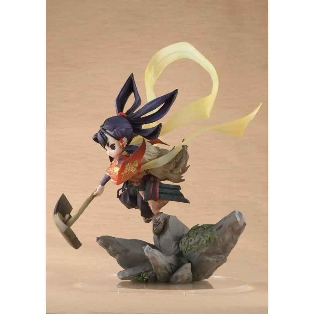 Detaljerad figur av Princess Sakuna med blå hår och röd accenter på klippig terräng