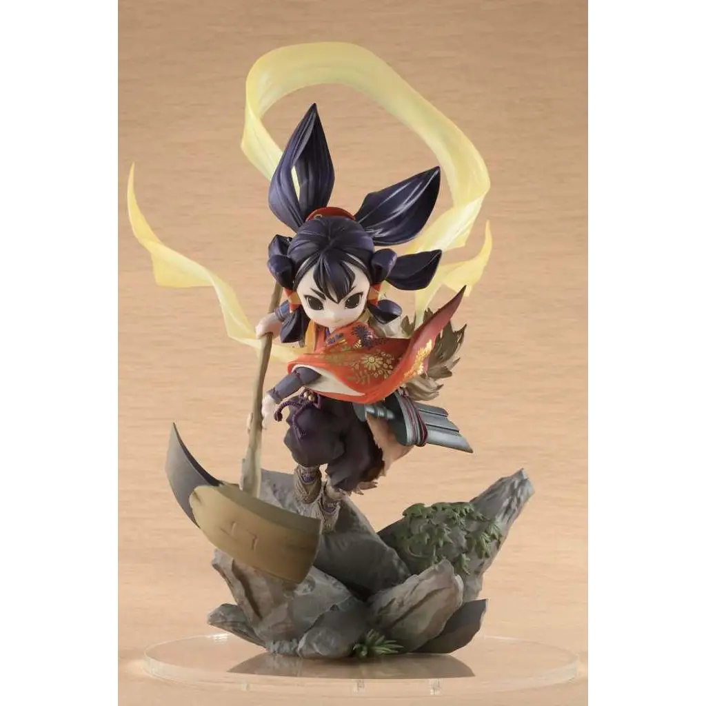 Chibi-figur av prinsessan Sakuna från Sakuna: Of Rice and Ruin med blå hår och röd-orange kläder