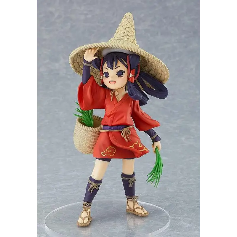 Prinsessan Sakuna-figur i röd och marinblå japansk outfit med guldmolnbroderi, halmhatt och sandaler