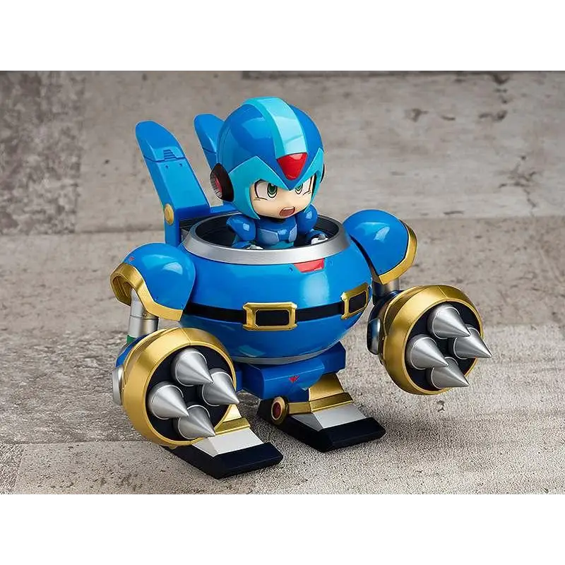 Blå och gul Mega Man Nendoroid i Rabbit Ride Armor med silverpiggar