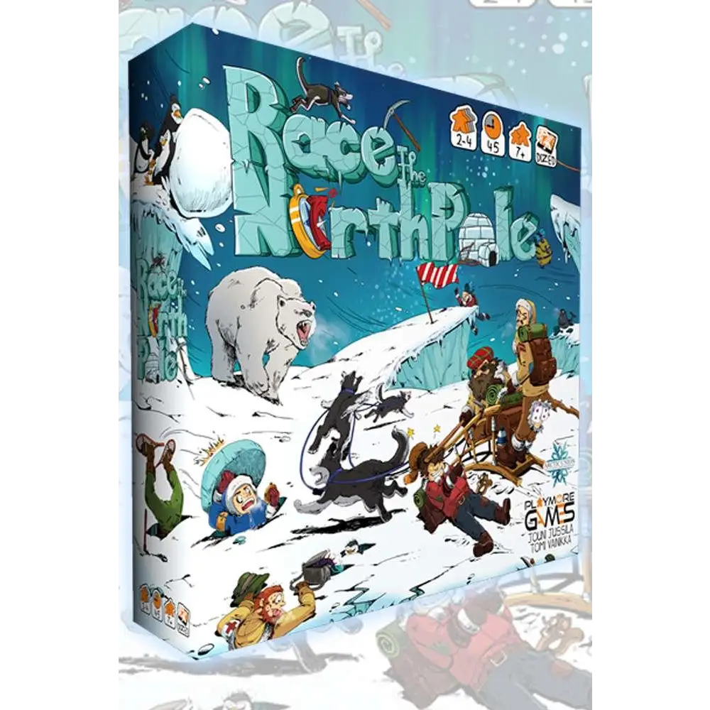 Lådan för Race to the North Pole brädspel med polarisar och upptäcktsresande