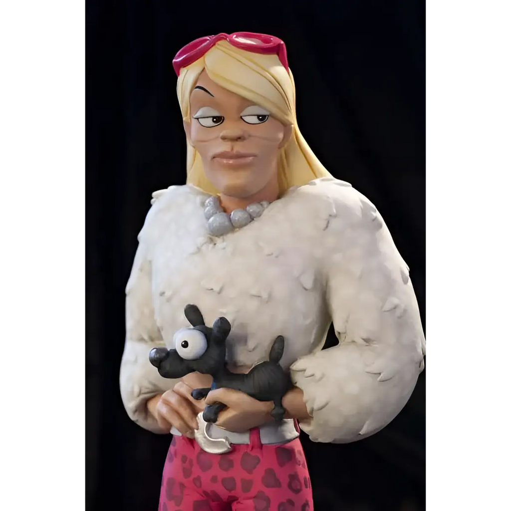 Statyett Cinzia från Rat-man Infinite Coll #2: blond kvinna med röd solglasögon, vit tröja, rosa hjärtbyxor och svart hund