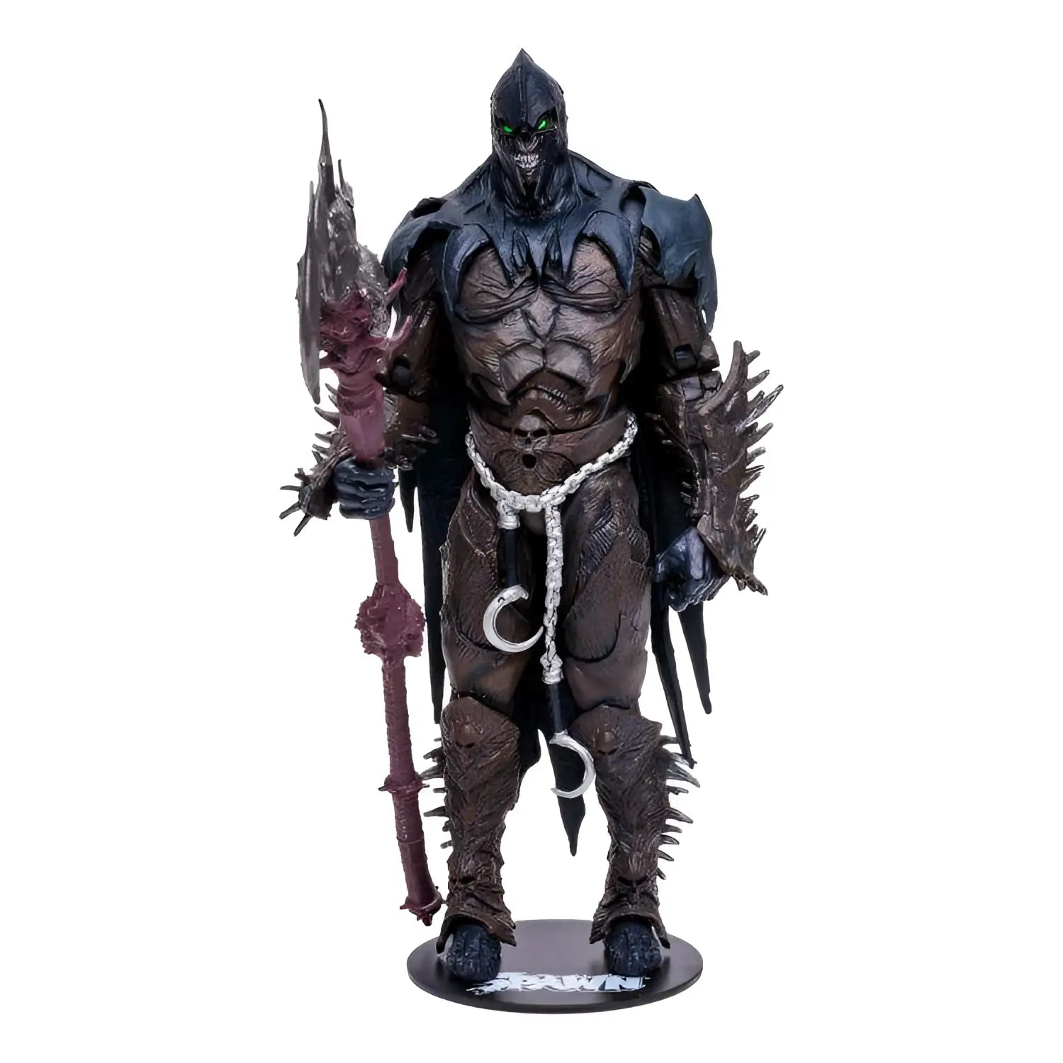 Svart och mörkbrun pansrad figur med gröna glödande ögon, hållande spikigt vapen, Raven Spawn 7-tums figur