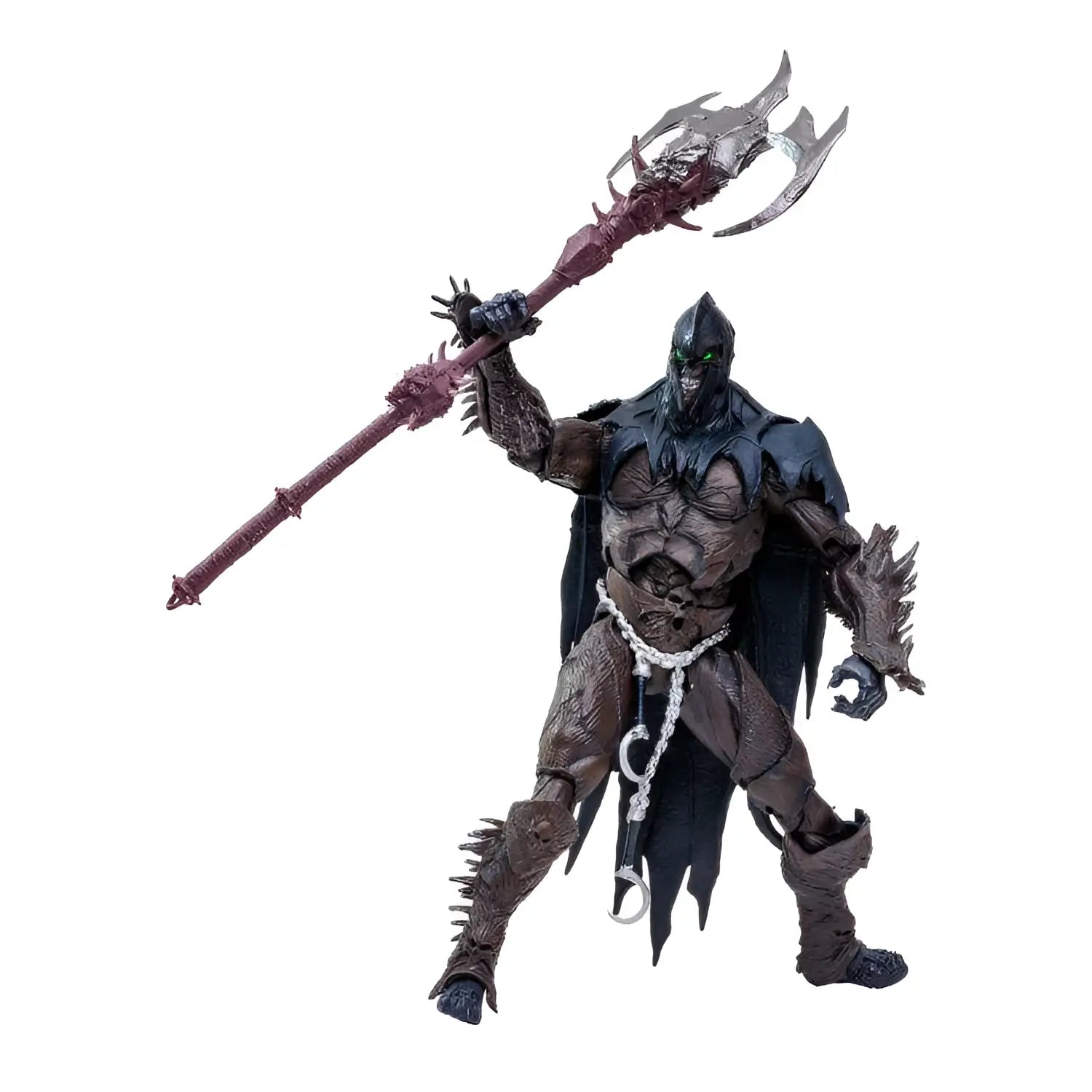 Raven Spawn 7-tums figur med mörkbrun rustning, svarta detaljer, gröna lysande ögon och spikad mace