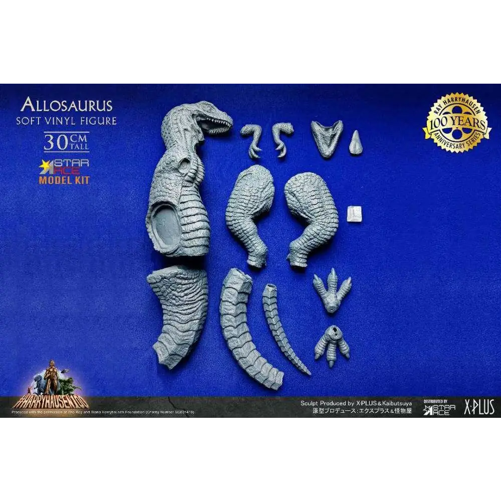 Grå mjuk vinyl Allosaurus-modellkit med detaljerade texturerade fjäll och ledade lemmar från Ray Harryhausen