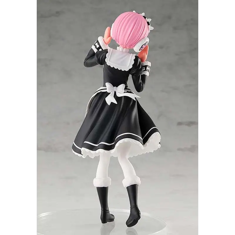 Re:Zero Ram POP UP Parade Ice Season rosa animejungfrufigur i svartvit klänning med spets, på klar bas