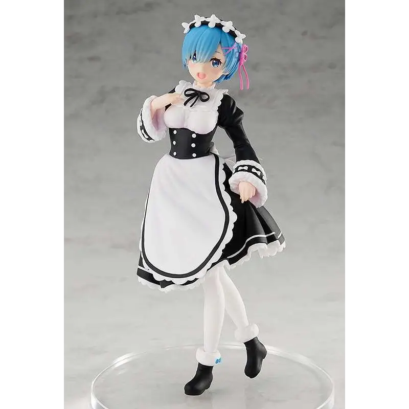 Re:Zero Rem isfigurin med blå hår, svart-vit klänning, på klar bas