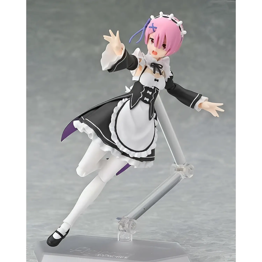 Re:Zero Ram figma: rosa-hårig animejungfru i svart-vit klänning med lila accenter, dynamisk pose på stativ