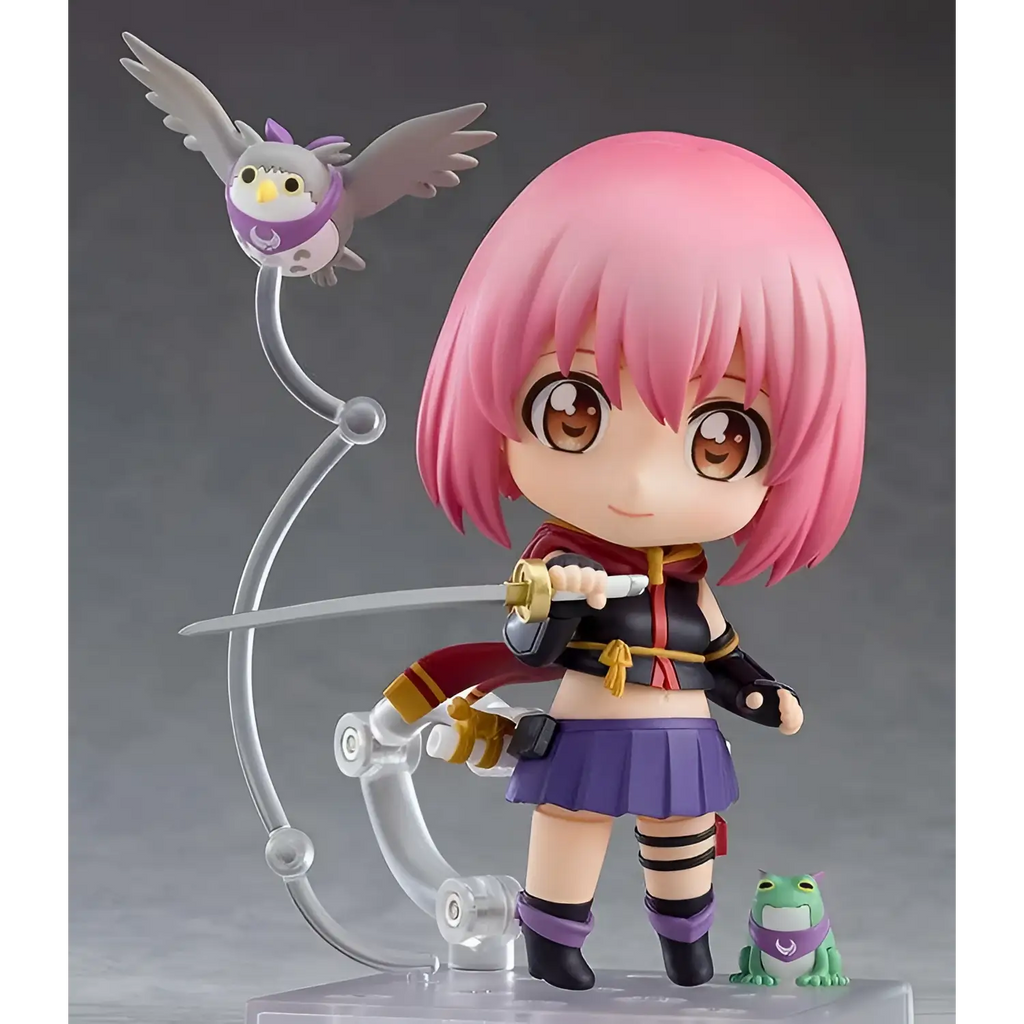 Nendoroid Momo Minamoto figurin med rosa hår, svart-röd topp, lila kjol, svarta stövlar, svärd, uggla och groda