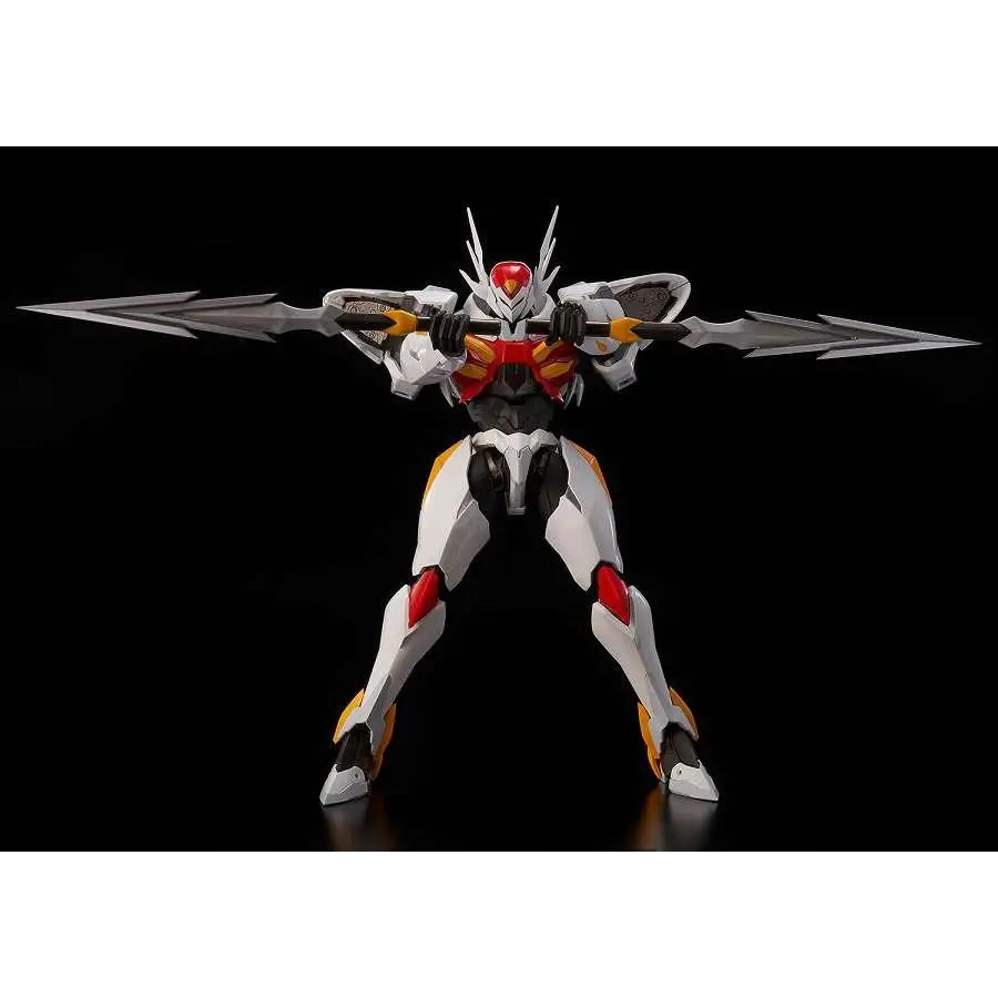 Vit, röd och svart rustad Riobot Tekkaman Blade-figur med silver spjutvapen