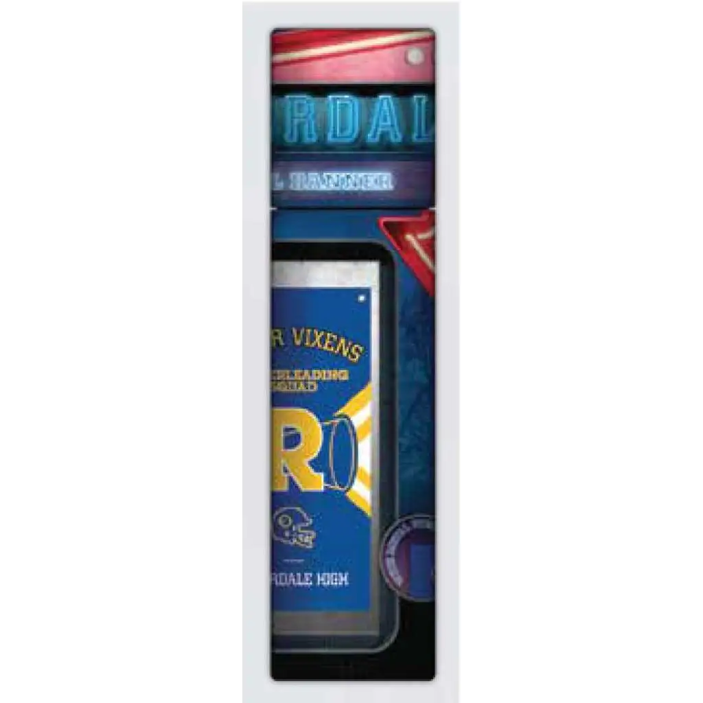 Blå och gul R-logo telefonfodral med Vixens cheerleading squad-text och fotbollshjälm