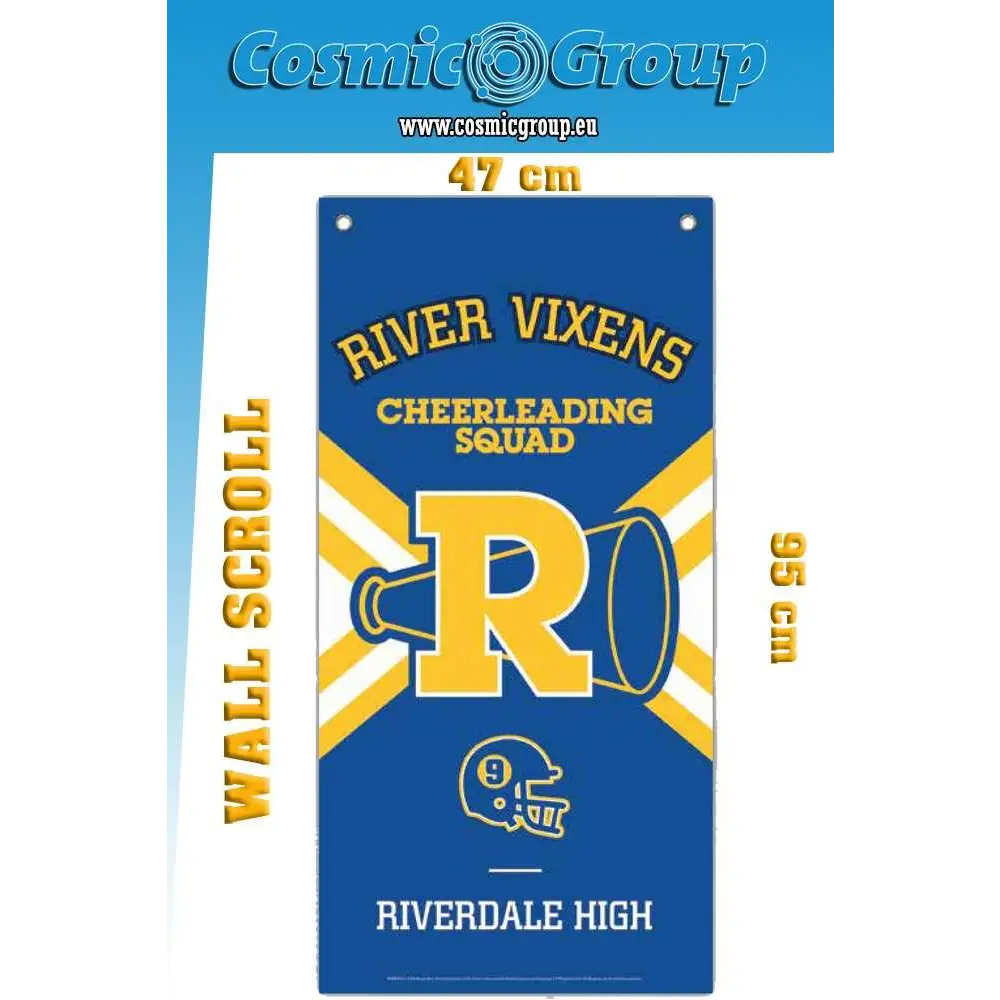 Riverdale High cheerleading väggbanner med blå-gul design, R-logo och hjälmemblem