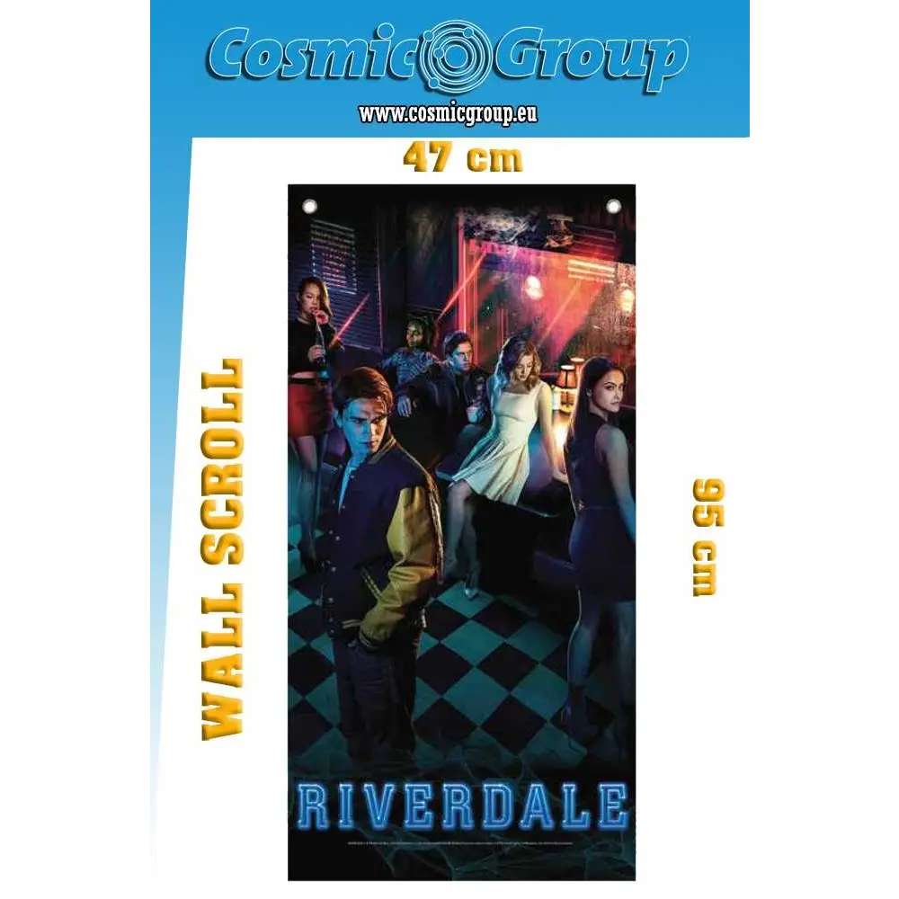 Riverdale fotoväggbanner med karaktärer i neonupplyst klubb med rutigt golv
