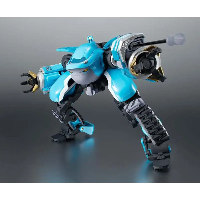Robot Spirits Sakugan Big Tony: blå och silver robot med gulddetaljer och hajhuvud