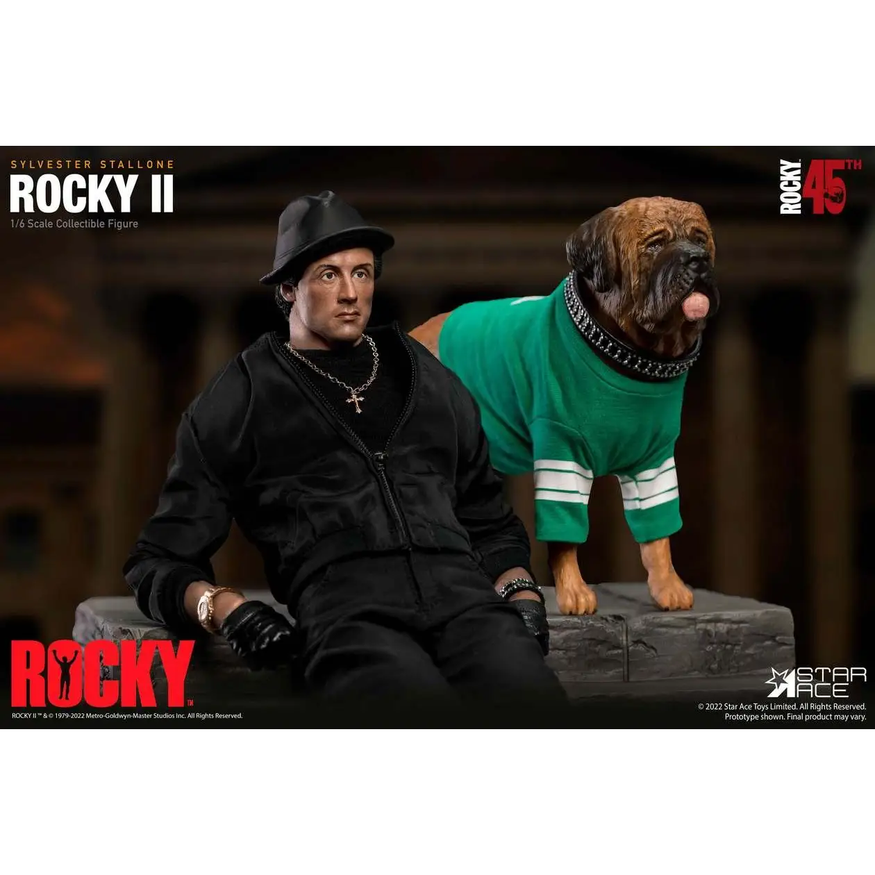 Svart 1/6 Rocky Balboa-figur av Sylvester Stallone i svart kostym med fedora och detaljer