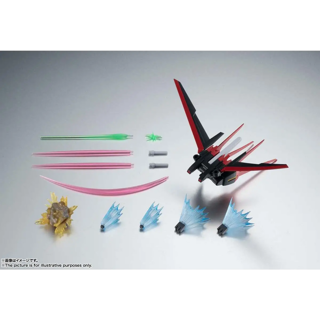 Röd och svart plast Gundam-modell med vinklade vingar och detaljerad rustning