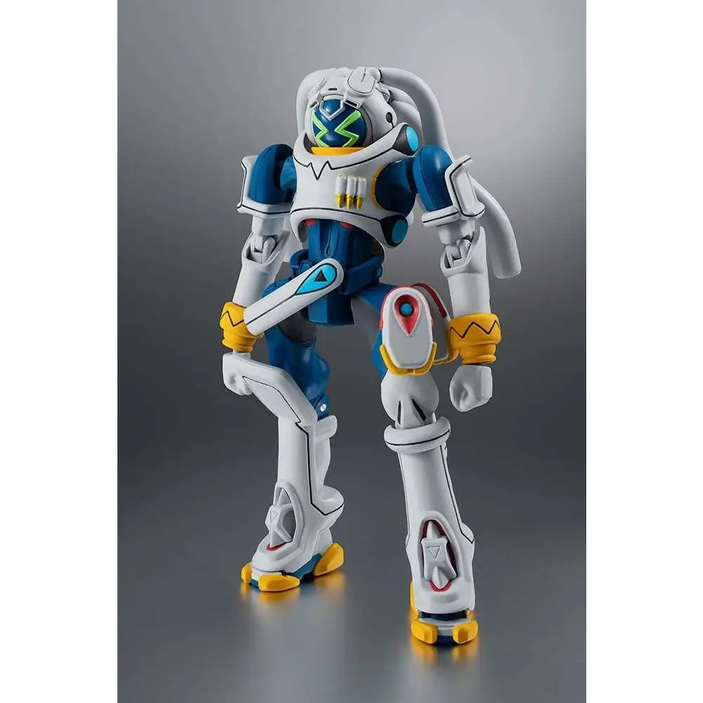 Blå och vit rustad robotfigur med gula accenter och grön X-formad visir i hjälmen, Rs Gainer & Gachico Overman King Gainer-actionfigur