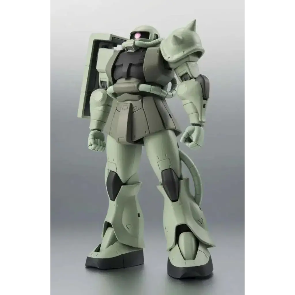 Detaljerad grön och svart plastmodell av Gundam Zaku II Mass Production Anime AF med ledade fogar, rustning och distinkt huvuddesign