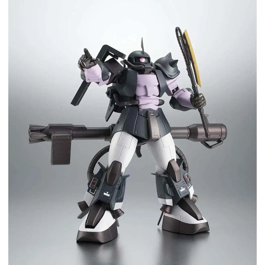 Detaljerad svart och lila plastmodell av Rs MS-06R-1A Zaku II High Mobility Type Gundam med vapen