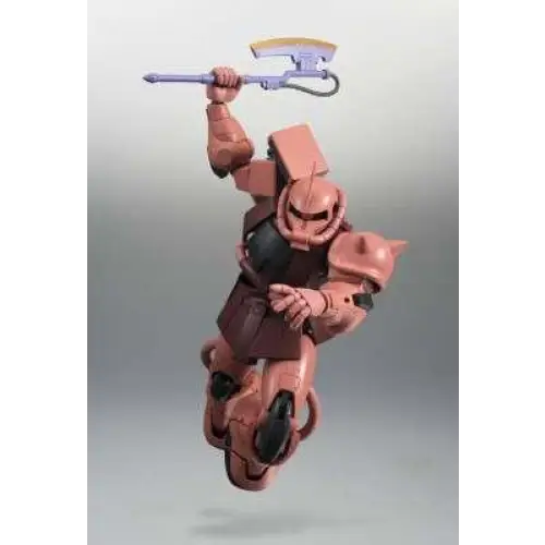 Detaljerad rosa och svart plastmodell av Char’s Zaku II med yxa