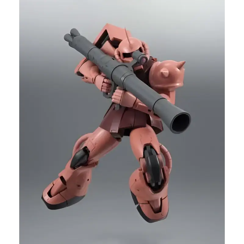 Rosa plastmodell av Char’s Zaku II Gundam med grå gevär