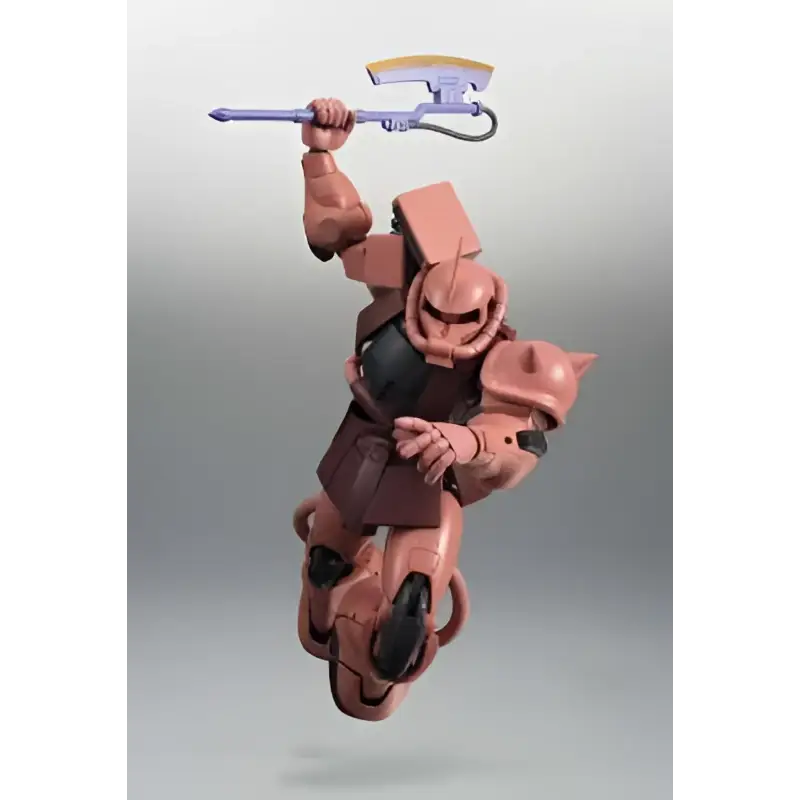 Detaljerad rosa och svart plastmodell av Char Zaku II med yxa